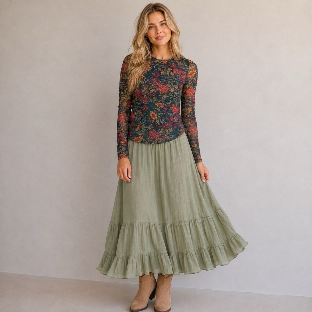 NWT Natural Life Sloane Long Sleeve Painterly Vines Mesh Top Womens XL Floral